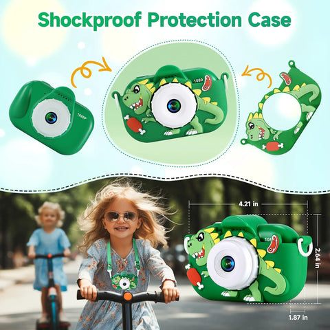 Green Awesome 48MP Dual Lens Kid Camera for Ages 3-9 with shockproof case and dinosaur design, 1080P HD video, shown with dimensions.