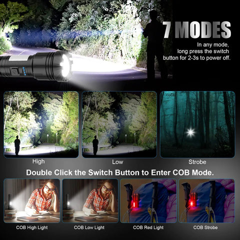 Image showing seven modes of Magnetic Rechargeable Flashlight With Beast Bright LED Beam, USB C Charging, COB Work Light, in various settings.