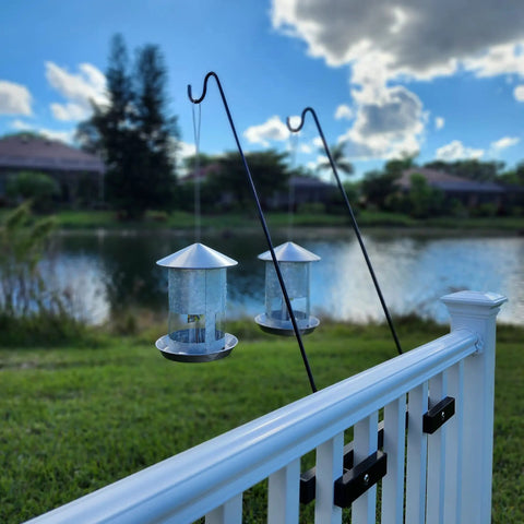 One Piece Pole Long Hook Kit For Vertical Spindled Deck Railings Twenty Seven Inch Upright Heavy Duty Hanger Fits Half Inch To One And Three Quarters Inch Spindles Perfect For Bird Feeders Flower Baskets Chimes And More