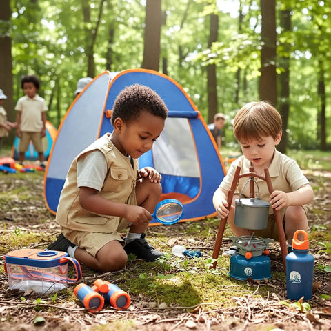 Kids using a magnifying glass and stove beside pop-up tent from Kids Camping Set With Pop Up Tent And Outdoor Gear For Pretend Play Adventures