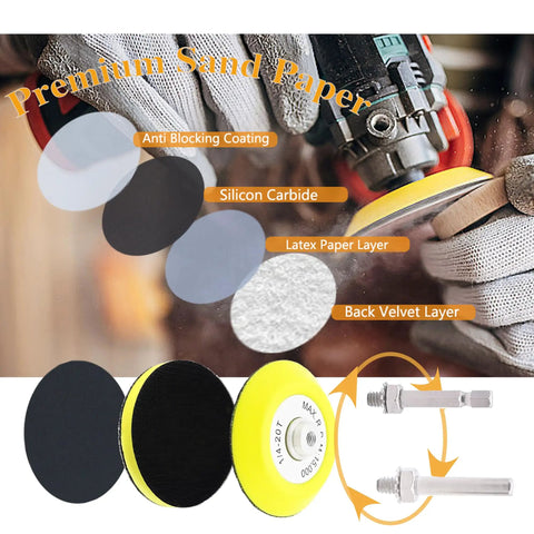 Close-up of All In One 144Pc 3 Inch Sanding Disc Drill Polishing Kit components, including sandpaper layers and backing pad set.