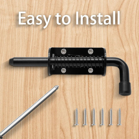 Rock Solid Spring Loaded Gate Latch Pin Pair Premium Stainless Steel Barrel Bolt Door Hardware with installation screws on wood.