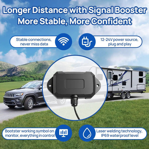 RV Tire Pressure Monitoring System TPMS Sensors Kit Set of 4 For Travel Trailers And Motorhomes, Wireless Tire Monitoring, Real Time Alerts, Easy Install, Durable, Keeps Your Wheels Safe On The Road, signal booster
