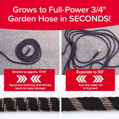 50 Foot Expandable Garden Hose Featuring Tough Copper Blend Core And Adjustable 10 Spray Pattern Dial For Hassle Free Kink Free Backyard Watering Jobs, showing two states of expansion.