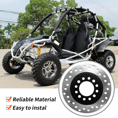 Rear And Front Hydraulic Brake Assembly Caliper Master Cylinder Kit With Disc Rotor And Brake Pad For Go Kart Golf Cart And ATV Replacement Beefed Up Stopping Power For 50cc To 200cc Engines installed on go-kart with disc rotor close-up.