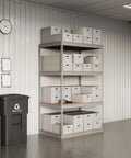 Heavy Duty Boltless Four Shelf Storage Rack In Gray With 800 Lbs Weight Per Tier, Adjustable Cold Rolled Steel Garage And Workshop Organizer in use.
