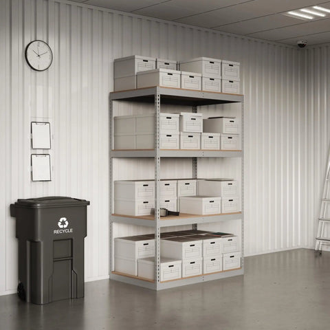 Heavy Duty Boltless Four Shelf Storage Rack In Gray With 800 Lbs Weight Per Tier, Adjustable Cold Rolled Steel Garage And Workshop Organizer in use.