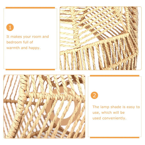 Natural Rattan Woven Pendant Lamp Shade With Hemp Rope Cover, close-up detail showing warm rattan weave and easy install feature.