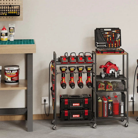 Heavy Duty Power Tool Organizer Cart With Charging Station On Wheels 8 Outlets And 8 Slots Cordless Drill Holder With Drawers Rolling Garage Organizer For Men Powerful Mobile Workshop Storage Solution