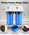 Two Stage Whole House Water Filtration System With Ten Inch By Four Point Five Inch Universal Housing One Inch Inlet And Outlet NSF 42 Certified Sediment And Carbon Block Filters External Pressure Gauges Easy Cartridge Replacements mounted with 1-inch brass ports and pressure gauges