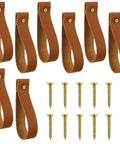8 Piece Hella Durable Premium Leather Wall Hooks With Solid Brass Screws For Heavy Duty Curtain Hanging And Super Slick Bathroom Storage Essentials displayed with 8 brown leather straps and brass screws.