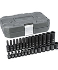 28 Piece One Quarter Inch Drive Six Point Impact Socket Set Metric Standard And Deep Sockets Off Corner Loading Manganese Phosphate Finish Built For Pros displayed with case