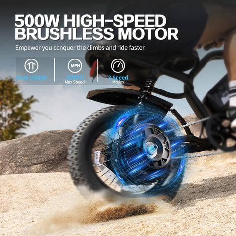 Close-up of a Mountain Electric Bike For Adults With 16 Inch Fat Tire Wider Seat 800W Peak Motor Removable Battery Front Suspension Fork