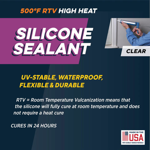 Front view: Rutland silicone sealant, clear, 500°F RTV high-heat gasket adhesive, USA-made