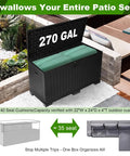 Heavy Duty 270 Gallon Outdoor Storage Box With Solid Locking Lid, built for cushions, shown open with green padding.