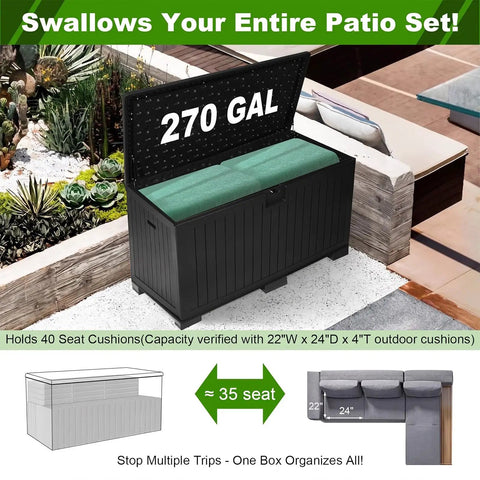 Heavy Duty 270 Gallon Outdoor Storage Box With Solid Locking Lid, built for cushions, shown open with green padding.