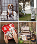 Collage with 5 Pack Emergency Thermal Blankets Heavy Duty Mylar Space Blanket in a dog crate, on tree bark, in a first aid kit, and near hiking gear