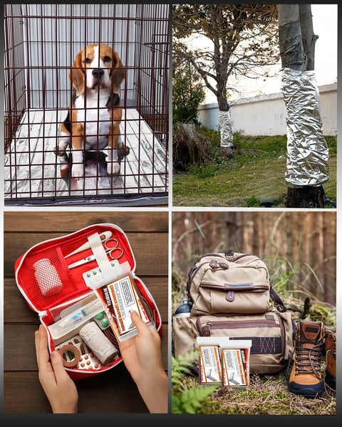 Collage with 5 Pack Emergency Thermal Blankets Heavy Duty Mylar Space Blanket in a dog crate, on tree bark, in a first aid kit, and near hiking gear