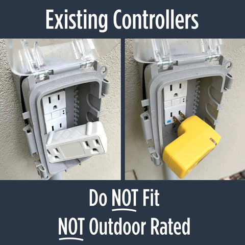 Two non-weatherproof controllers in outdoor outlets marked as not fitting or suitable for outdoor use.