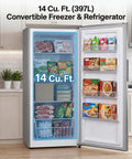 Solid 14 Cubic Foot Upright Freezer Featuring Adjustable Wire Shelves And Hassle Free Frost Cooling that displays food items in a kitchen.
