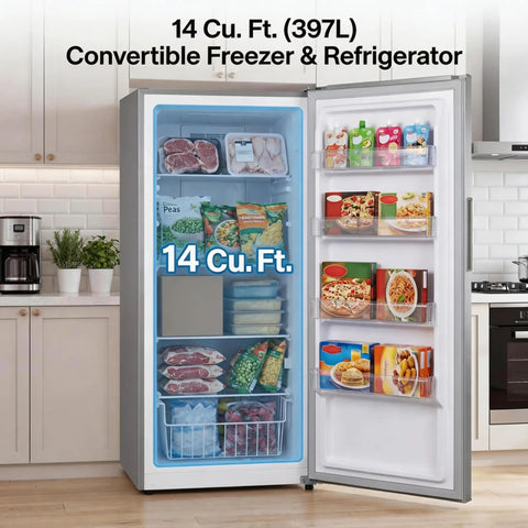 Solid 14 Cubic Foot Upright Freezer Featuring Adjustable Wire Shelves And Hassle Free Frost Cooling that displays food items in a kitchen.