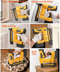 Premium Three In One Cordless Brad Nailer Featuring Zero Hassle Setup And Lightning Quick Firing Actions Ideal For Everyday Carpenter Jobs, shown in various carpentry uses.
