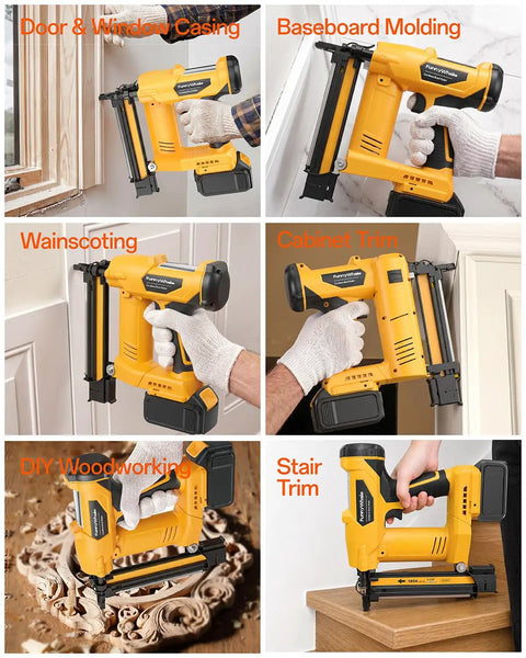 Premium Three In One Cordless Brad Nailer Featuring Zero Hassle Setup And Lightning Quick Firing Actions Ideal For Everyday Carpenter Jobs, shown in various carpentry uses.