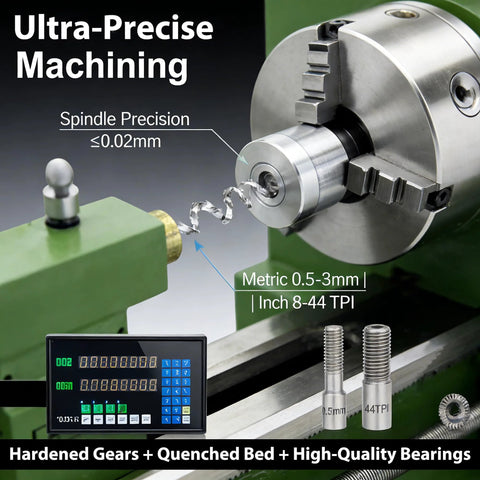 EQCOTWEA double-chuck metal lathe 8x30 inch with grating ruler and digital readout