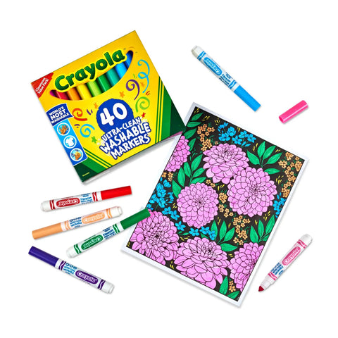 Ultimate Washable Broad Line Marker Haul 40 Pieces Assorted Brilliant Shades Kid Friendly Art Bundle arranged with art paper.