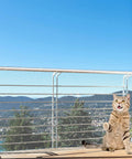 Balcony Pet Net For Cats And Dogs, 16.5 Ft By 2.5 Ft Anti Fall Mesh Fence Netting on balcony with cat, clear banister guard shown.