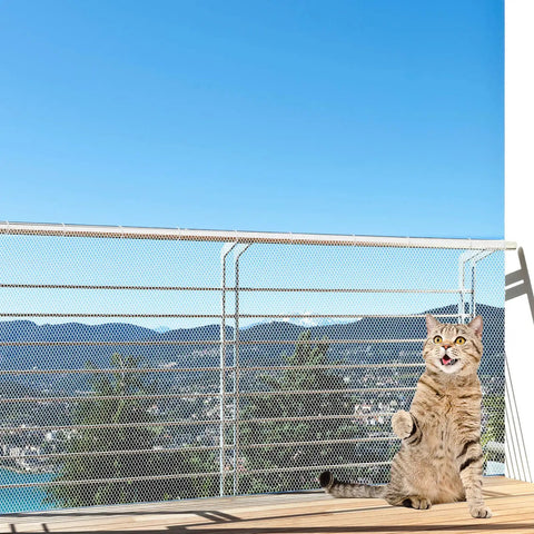 Balcony Pet Net For Cats And Dogs, 16.5 Ft By 2.5 Ft Anti Fall Mesh Fence Netting on balcony with cat, clear banister guard shown.