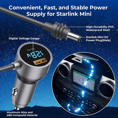Highway Hero Three In One Car Power Cable For Starlink Mini with digital voltage gauge and USB port, showing aluminum alloy construction.