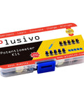 All In One Potentiometer Kit With 46 Pieces Including 1K To 100K Ohm Linear Rotary Taper Potentiometers Multi Turn Trimmers WH148 Knobs And A Mini Screwdriver Washers And Nuts For Do It Yourself Electronics Projects in a plastic case
