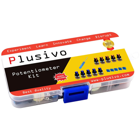 All In One Potentiometer Kit With 46 Pieces Including 1K To 100K Ohm Linear Rotary Taper Potentiometers Multi Turn Trimmers WH148 Knobs And A Mini Screwdriver Washers And Nuts For Do It Yourself Electronics Projects in a plastic case