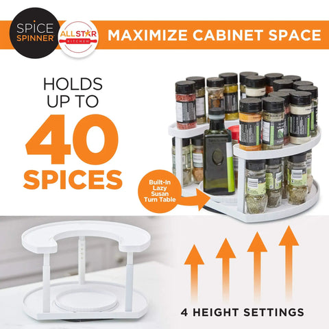 Two Tier Spice Spinner Organizer With Dual Spin Turntables Go To Cabinet Space Saver with 40 spice capacity and height settings