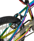 Close-up of Gemsbok 20 Inch Kids BMX Bike for Boys and Girls Ages 7 to 12, featuring oil slick finish and rear dual hand brake.