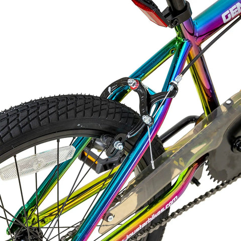 Close-up of Gemsbok 20 Inch Kids BMX Bike for Boys and Girls Ages 7 to 12, featuring oil slick finish and rear dual hand brake.