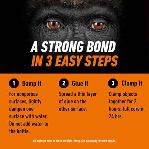 Brown Waterproof Polyurethane Glue 8 Oz Heavy Duty All Purpose Adhesive bonding steps with gorilla face background