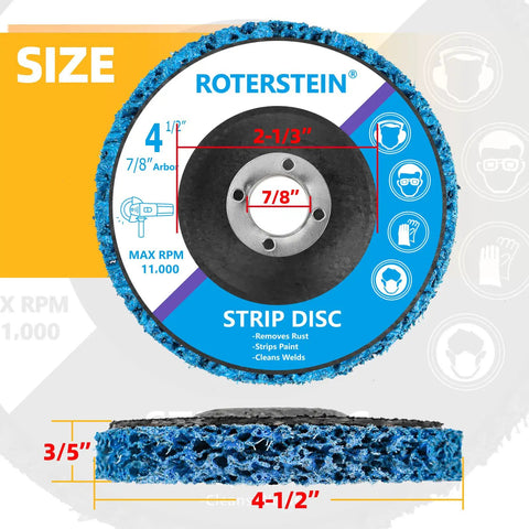 10 Pack 4.5 Inch Strip Discs Stripping Wheel For Angle Grinder With Seven Eighths Inch Arbor, side and front view dimensions