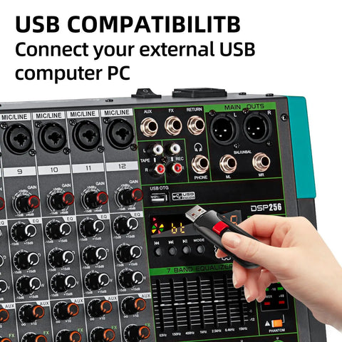 Hand holding USB near 12 Channel Digital USB Bluetooth Audio Mixer With MP3 Player, 48V Phantom Power, Built In Reverb, 256 Effects.