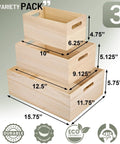 Stacked three piece unfinished wood crates organizer bins for pantry closet and arts crafts storage, showing dimensions and features.