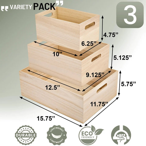 Stacked three piece unfinished wood crates organizer bins for pantry closet and arts crafts storage, showing dimensions and features.