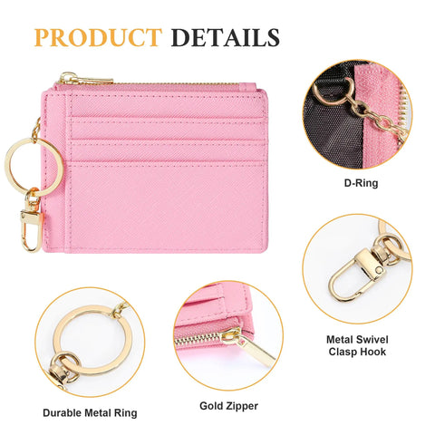Slim RFID Blocking Wallet For Women With Front Pocket Card Case, 6 Card Slots, Chic Pink, keychain ring detail, faux leather