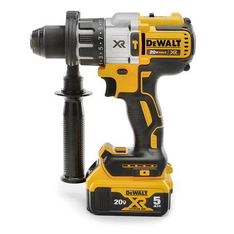 Heavy And Dependable 20V Max Lithium Ion Brushless Hammer Drill Kit With Kickass Performance And Smooth Three Speed Options Featuring Rock Solid Half Inch Ratcheting Metal Chuck For All Day Run Time, side view.