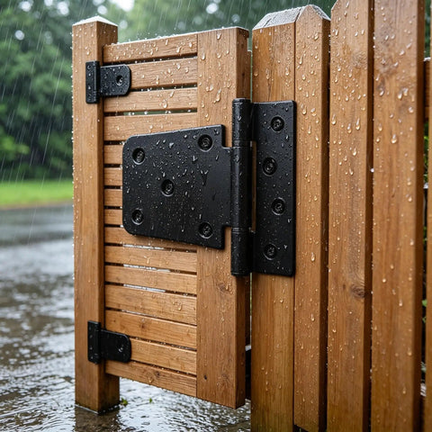 Top Shelf 3.5 Inch Gate Hinges 2 Pack, Straight Up Black Iron T Door Hardware on a wooden gate in rain.