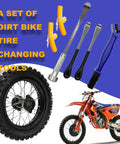 Beefy 16 Inch Tire Change Kit With Two 11 Inch Spoons Rim Protectors And Chain Brush displayed with dirt bike and tire