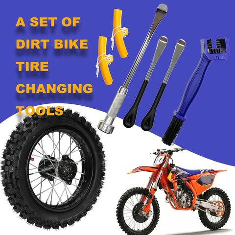 Beefy 16 Inch Tire Change Kit With Two 11 Inch Spoons Rim Protectors And Chain Brush displayed with dirt bike and tire