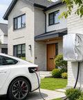 Tough As Nails Waterproof EV Charging Station Cover With All Season Dust Shield mounted on a wall beside a charging electric vehicle.