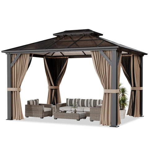 10x12 Ft Hardtop Gazebo With Aluminum Frame And Polycarbonate Roof, Permanent Outdoor Pavilion With Curtains And Netting