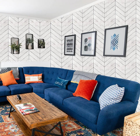 Living room with Peel And Stick Wood Wallpaper With Herringbone Pattern DIY Friendly Self Adhesive Removable Grey And White Vintage Wall Covering